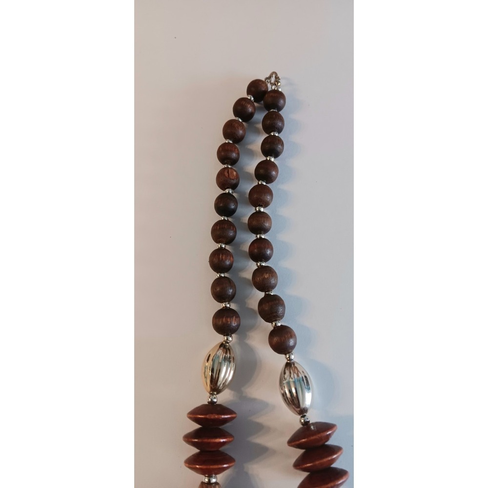 Chunky Fashion Jewelry gold coated spacers Brown Beaded wooden necklace 11" long - Picture 5 of 7